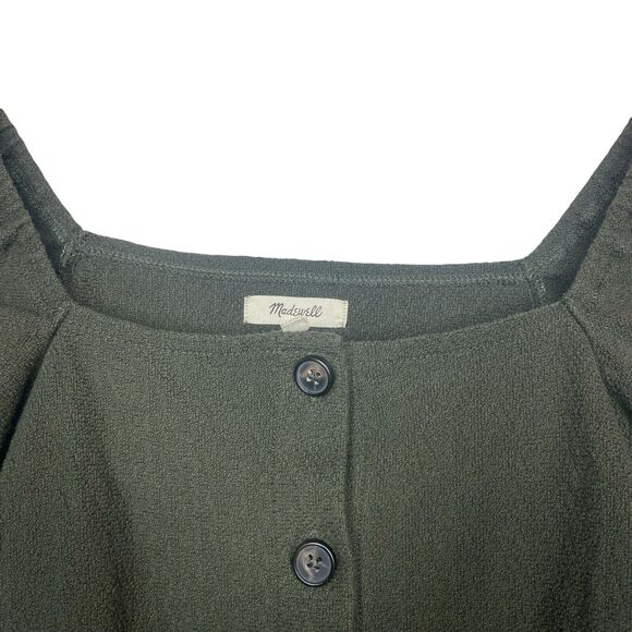 Madewell Top Size L Jacquard Square Neck Puff Sleeve Blouse Green NA409 Buttons - Picture 3 of 11